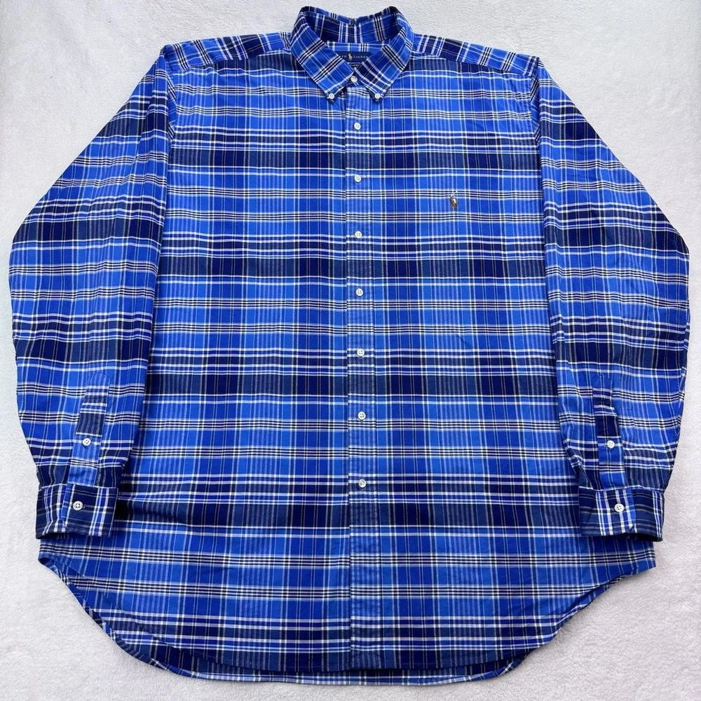 Polo Ralph Lauren Shirt Men 2XLT Blue Plaid Stretch Oxford LS Flesh Pony